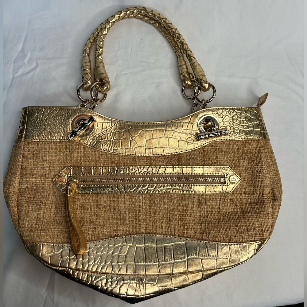 RARE ELAINE TURNER GOLD STRAW, BAMBOO PURSE w/ PINK INTERIOR